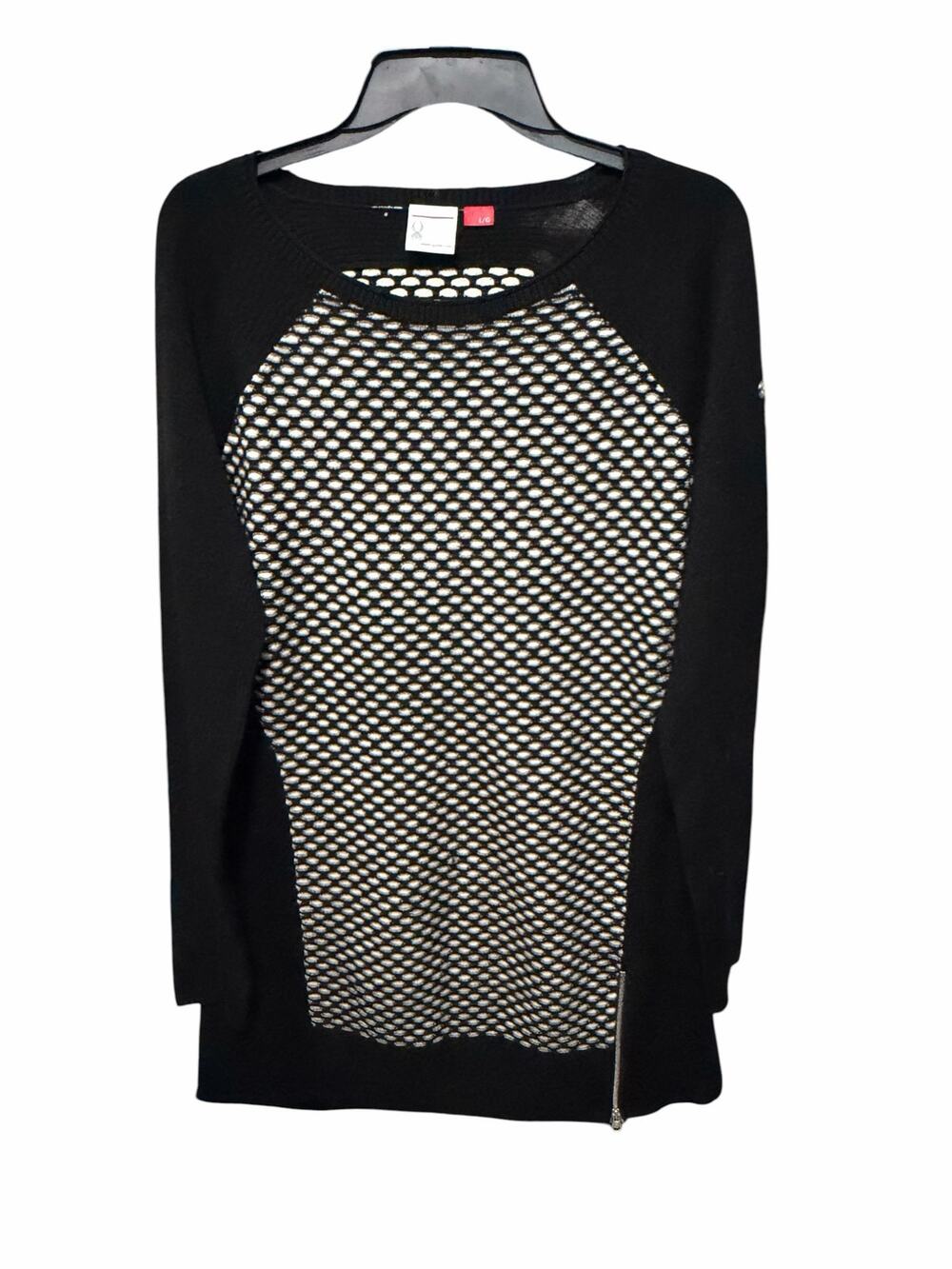 Spyder Merino Wool Sweater Tunic Women L Black White Open Knit Mesh Side Zip